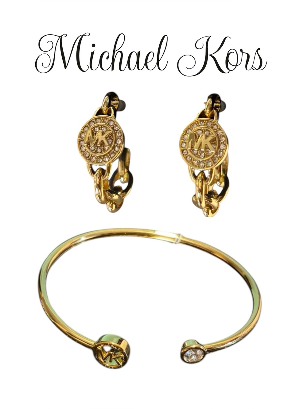 NWT Michael Michael Kors Gold tone  Crystal Logo Drop Earrings & Bracelet Set